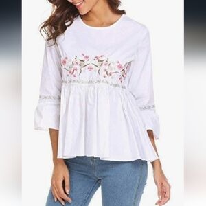 Soteer floral embroidered peplum long sleeve top
